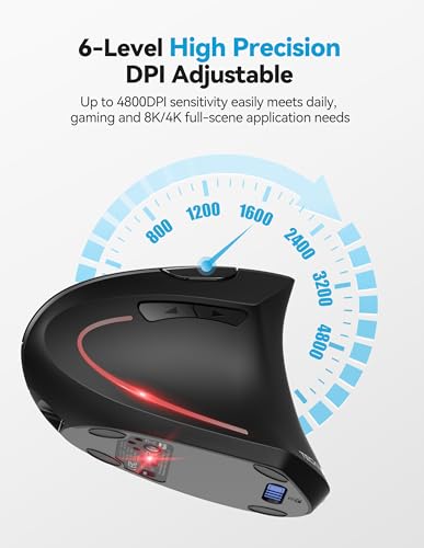 TECKNET Ergonomic Mouse, Rechargeable 2.4G+Bluetooth Vertical Mice 6 DPI Adjustable, Wireless Optical Carpal Tunnel Mouse Right Hand, Multi Device for Laptop, PC, Computer, MacBook, iPad - Black - Image 3