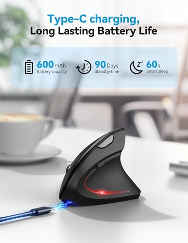 TECKNET Ergonomic Mouse, Rechargeable 2.4G+Bluetooth Vertical Mice 6 DPI Adjustable, Wireless Optical Carpal Tunnel Mouse Right Hand, Multi Device for Laptop, PC, Computer, MacBook, iPad - Black - Image 4