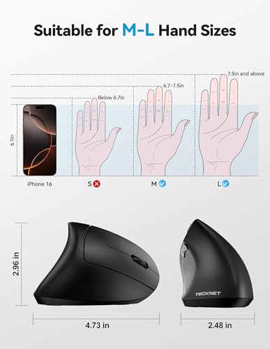 TECKNET Ergonomic Mouse, Rechargeable 2.4G+Bluetooth Vertical Mice 6 DPI Adjustable, Wireless Optical Carpal Tunnel Mouse Right Hand, Multi Device for Laptop, PC, Computer, MacBook, iPad - Black - Image 5
