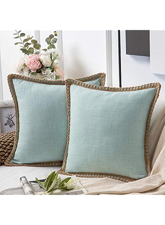 The Bros Pack of 2 Farmhouse Decorative Throw Pillow Covers Burlap Linen Trimmed Tailored Edges Light Turquoise 18 x 18 inches, 45 x 45 cm - Image 1