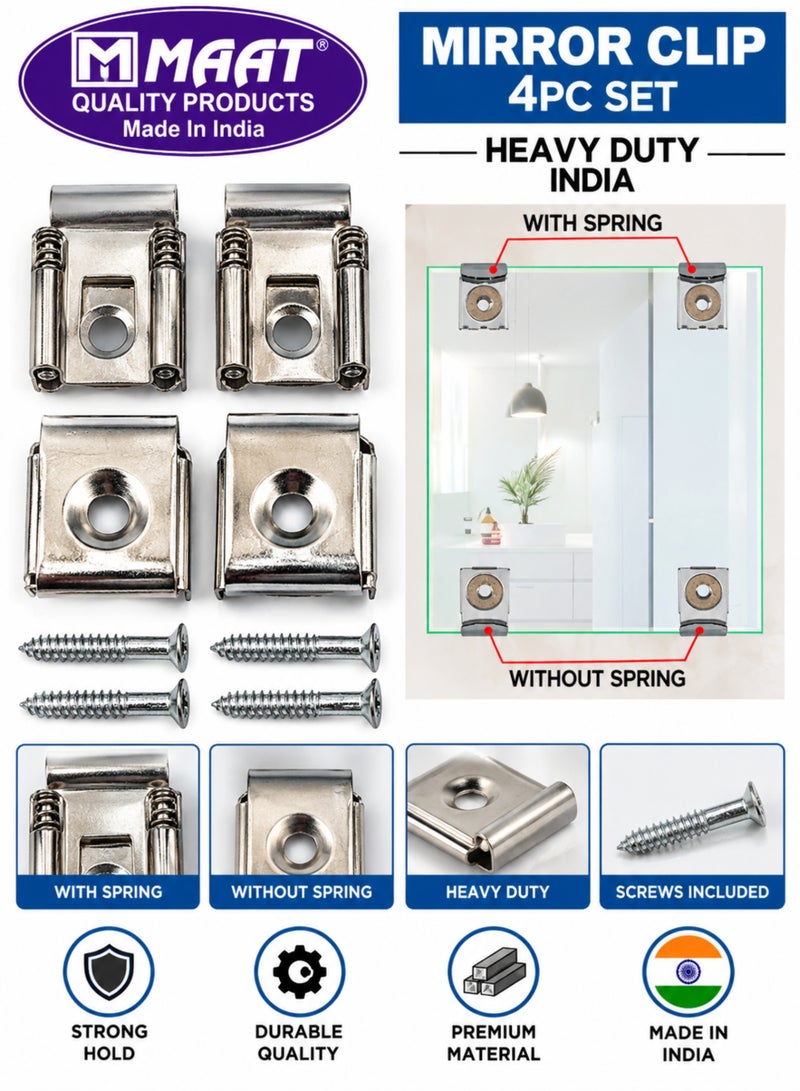 MAAT Mirror Clips 4 Piece Set Heavy Duty, Spring Type Mirror Holder Brackets with Screws, Metal Mirror Fixing Clips for Wall Mounting Glass & Mirrors - Image 1