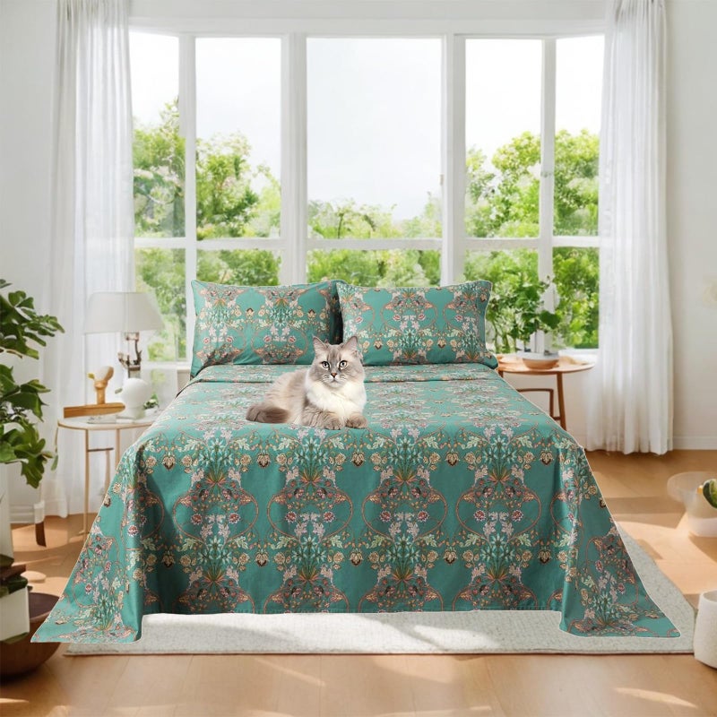 FADFAY Floral Queen Sheet Set Shabby Vintage Bed Sheet Percale Cotton Chic Teal Blue Orange American Country Style Bedding Luxury Super Soft Breathable Crisp Bed Deep Pocket Fitted Sheet 4 Pcs - Image 2