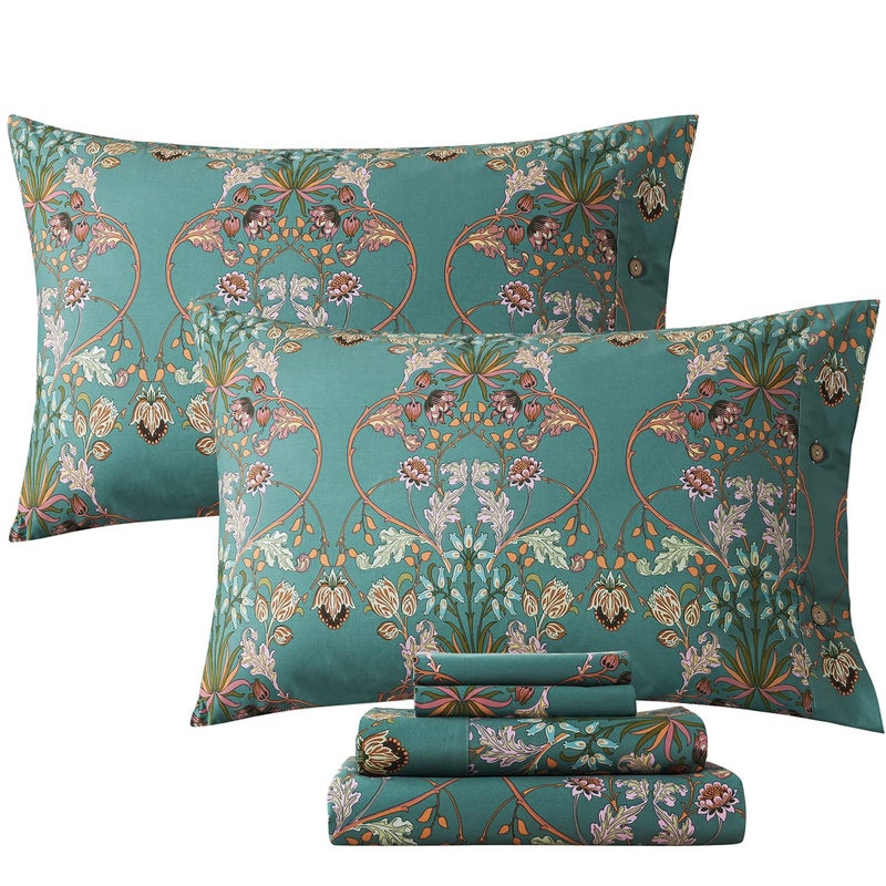 FADFAY Floral Queen Sheet Set Shabby Vintage Bed Sheet Percale Cotton Chic Teal Blue Orange American Country Style Bedding Luxury Super Soft Breathable Crisp Bed Deep Pocket Fitted Sheet 4 Pcs - Image 1