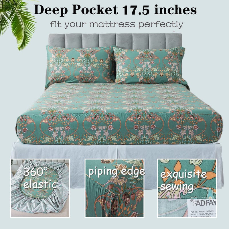 FADFAY Floral Queen Sheet Set Shabby Vintage Bed Sheet Percale Cotton Chic Teal Blue Orange American Country Style Bedding Luxury Super Soft Breathable Crisp Bed Deep Pocket Fitted Sheet 4 Pcs - Image 4