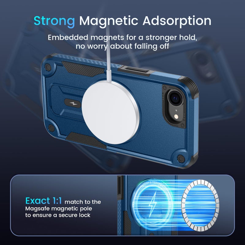 Caka for iPhone 16e & iPhone 17e Case [Compatible with MagSafe] [Invisible Kickstand] [HD Screen Protector], Protective Magnetic Phone Cover for iPhone 16 e & 17 e (Navy Blue) - Image 5