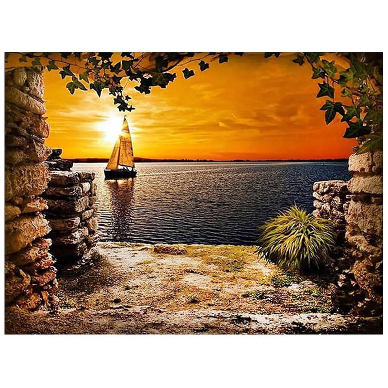 STORE 2508 Store2508 DIY 5D Diamond Painting Kit for Adults Kids Full Drill Round Diamond Crystal Gem Art Cross Stitch Crystal Rhinestone Embroidery Home Wall Decor Gift12x16inch Sunset Boat Scenary  - Image 1