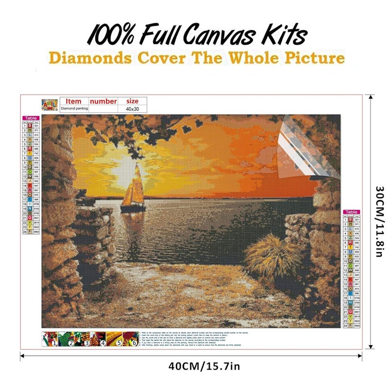 STORE 2508 Store2508 DIY 5D Diamond Painting Kit for Adults Kids Full Drill Round Diamond Crystal Gem Art Cross Stitch Crystal Rhinestone Embroidery Home Wall Decor Gift12x16inch Sunset Boat Scenary  - Image 2
