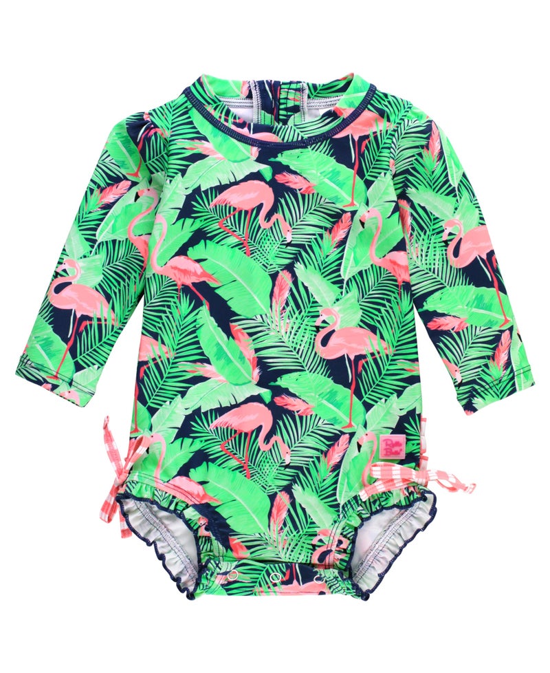 RuffleButts Baby Girls UPF 50 Sun Protection Tropical Print Long Sleeve One Piece Rash Guard Swimsuit with Zipper Flamingo Frenzy 1218m - Image 2