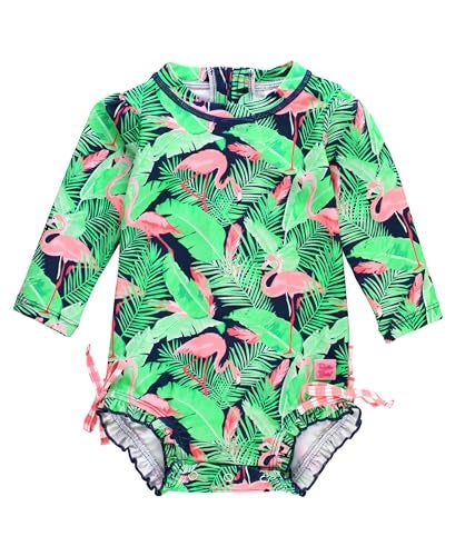 RuffleButts Baby Girls UPF 50 Sun Protection Tropical Print Long Sleeve One Piece Rash Guard Swimsuit with Zipper Flamingo Frenzy 1218m - Image 1