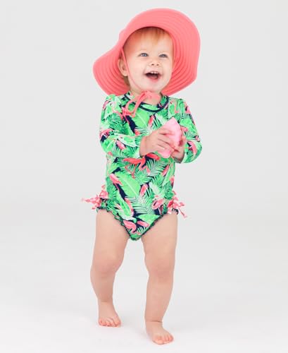 RuffleButts Baby Girls UPF 50 Sun Protection Tropical Print Long Sleeve One Piece Rash Guard Swimsuit with Zipper Flamingo Frenzy 1218m - Image 3