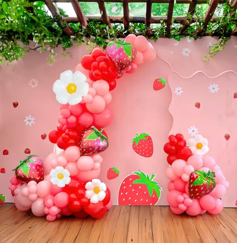 Yeewaka Strawberry balloon garland arch kit 130pcs Red Pink with Strawberry and Daisy mylar balloon for girl baby shower berryfirst 1st birthday Two sweet groovy theme Birthday decorations - Image 1
