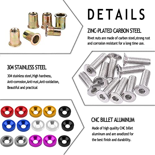 BaiyoouAuto 20 Pcs Aluminum Bumper Washer Bumper Washer Stainless Steel Bolt Carbon Steel Rivet Nuts Engine Dress Up Kit (Red) - Image 2