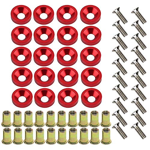 BaiyoouAuto 20 Pcs Aluminum Bumper Washer Bumper Washer Stainless Steel Bolt Carbon Steel Rivet Nuts Engine Dress Up Kit (Red) - Image 1