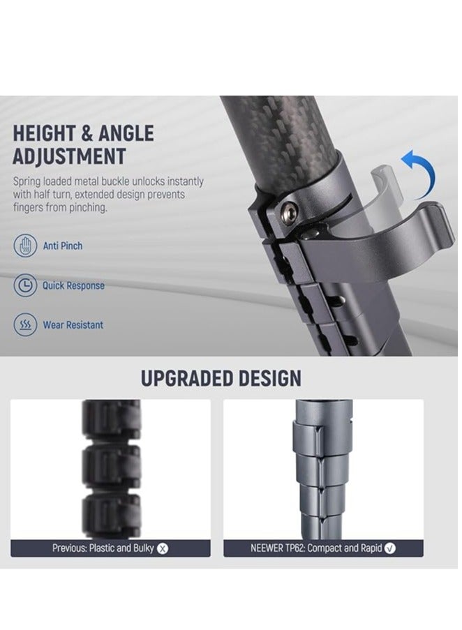 NEEWER LITETRIP LT32 62" Travel Tripod Carbon Fiber with ±15° Leveling 360° Panorama Head, Detachable Center Axis, Fast Flip Buckle, Arca QR Plate Compatible with Peak Design Capture V3, (Former TP62) black - Image 5