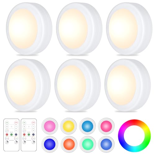 Yiliaw 6 Pack LED Puck Lights Remote Control 16 Color Changeable Under Cabinet Lights Battery Operated Lights Night Light with Dimmer Timmer for Closet Bedroom Kitchen White - Image 1