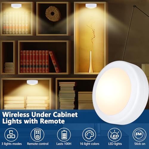 Yiliaw 6 Pack LED Puck Lights Remote Control 16 Color Changeable Under Cabinet Lights Battery Operated Lights Night Light with Dimmer Timmer for Closet Bedroom Kitchen White - Image 3