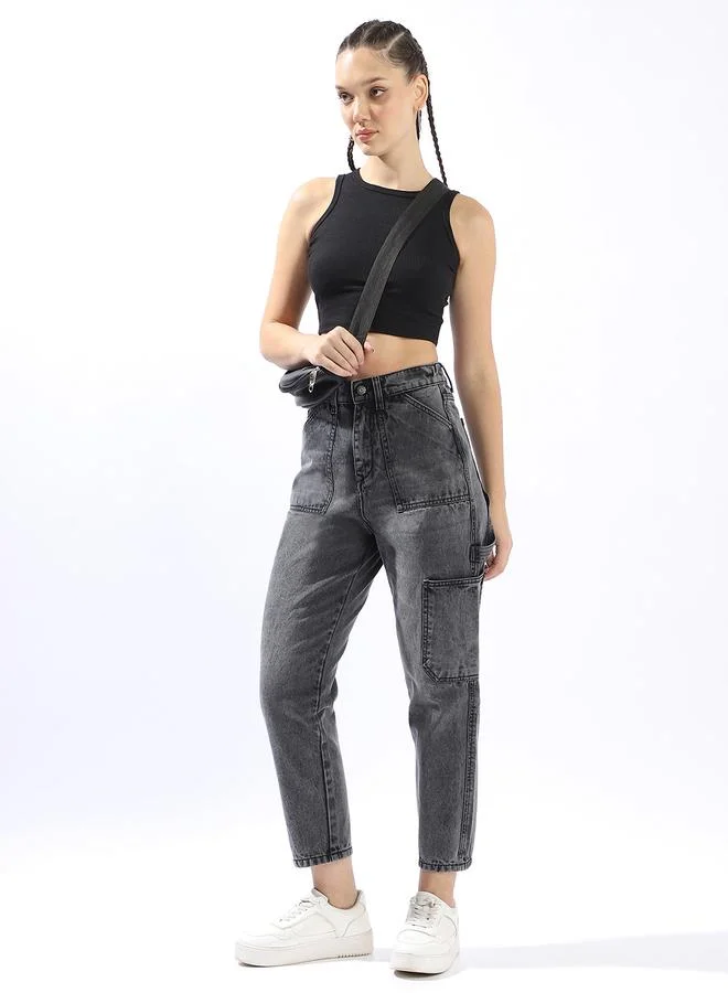 هاي ستار Grey Mom Jeans for Women Mom Fit 100% Cotton Button Closure