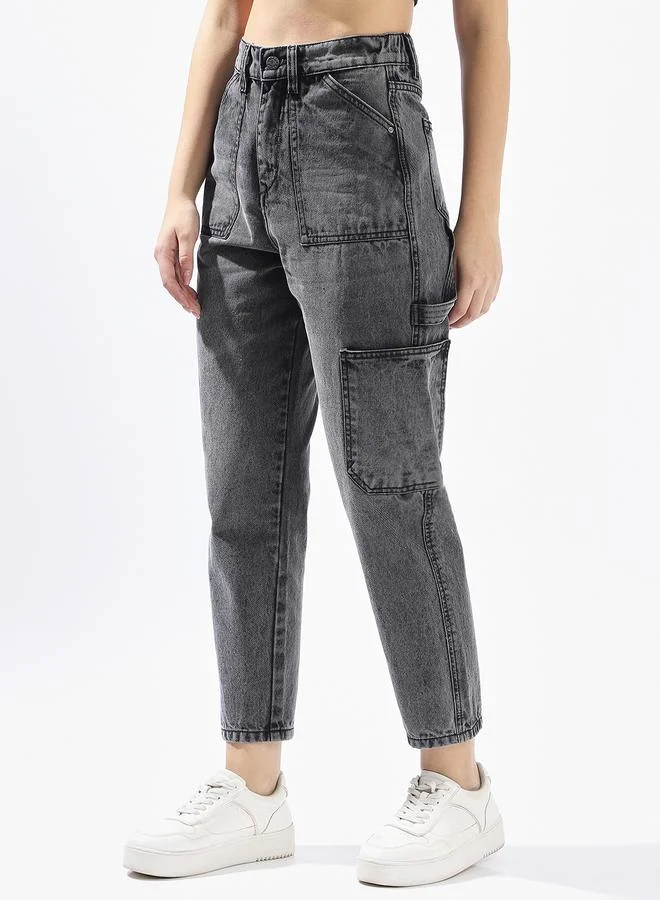 HIGH STAR Grey Mom Jeans for Women Mom Fit 100% Cotton Button Closure