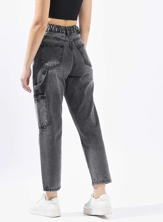 HIGH STAR Grey Mom Jeans for Women Mom Fit 100% Cotton Button Closure