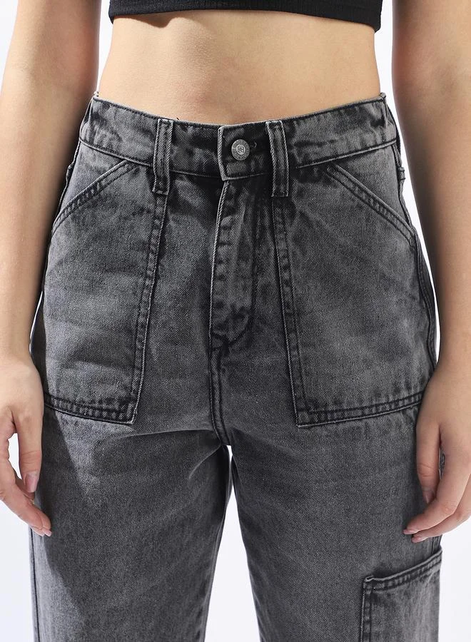 HIGH STAR Grey Mom Jeans for Women Mom Fit 100% Cotton Button Closure