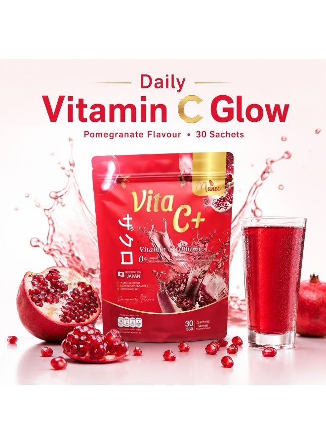 Manee Vita C+ Premium Vitamin C 1000mg Pomegranate Drink Sachets, Non-Acidic Beauty Wellness Formula - Image 1