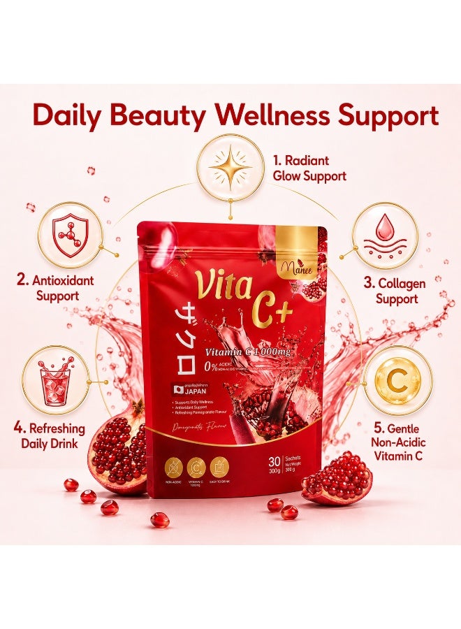 Manee Vita C+ Premium Vitamin C 1000mg Pomegranate Drink Sachets, Non-Acidic Beauty Wellness Formula - Image 3