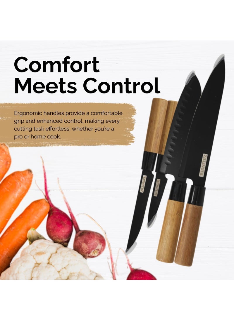 ZILLINGER - 4-Piece Chef's Knife Set for Kitchen Precision Cutting Culinary Masterpieces - Premium Stainless Steel Blades For Cutting, Slicing, Chopping, And Dicing Meat/Vegetables/Fruits (Black) - Image 1