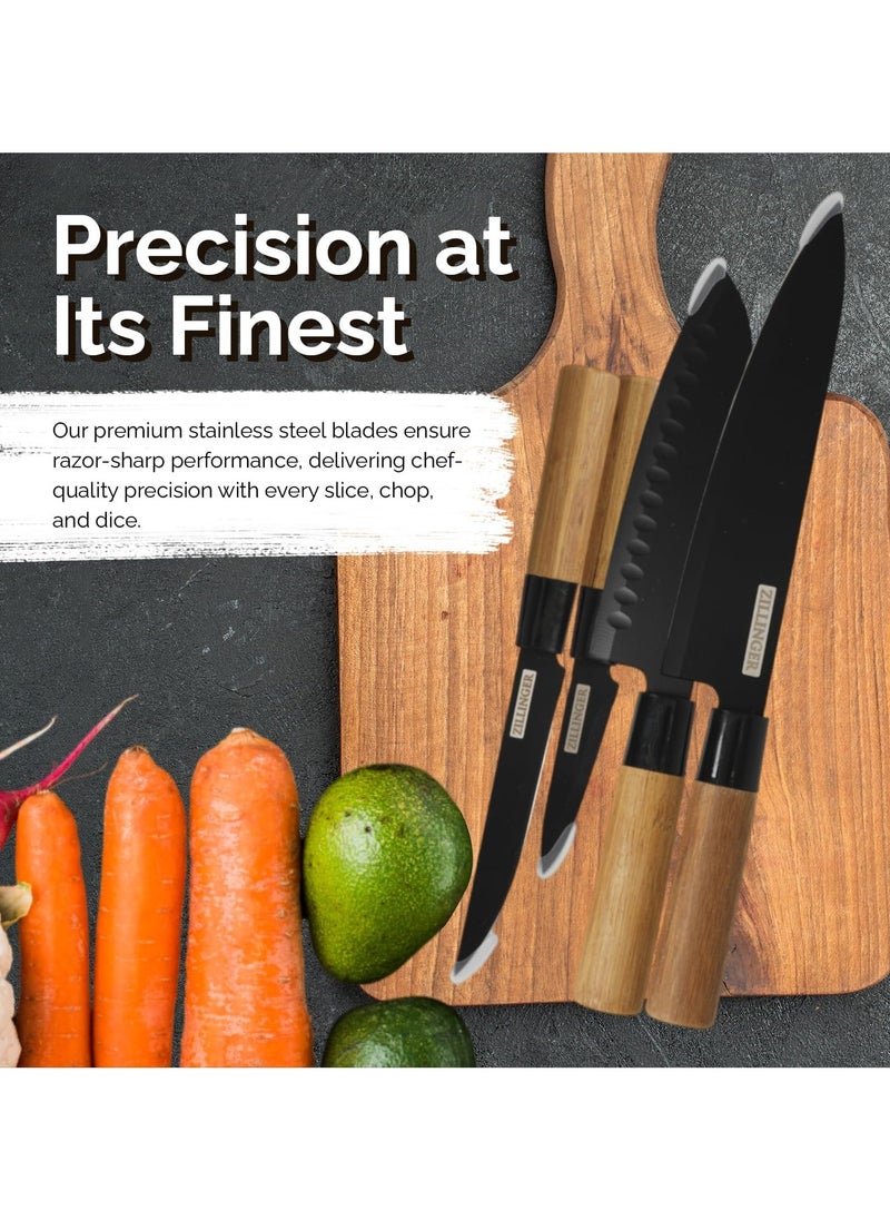 ZILLINGER - 4-Piece Chef's Knife Set for Kitchen Precision Cutting Culinary Masterpieces - Premium Stainless Steel Blades For Cutting, Slicing, Chopping, And Dicing Meat/Vegetables/Fruits (Black) - Image 1
