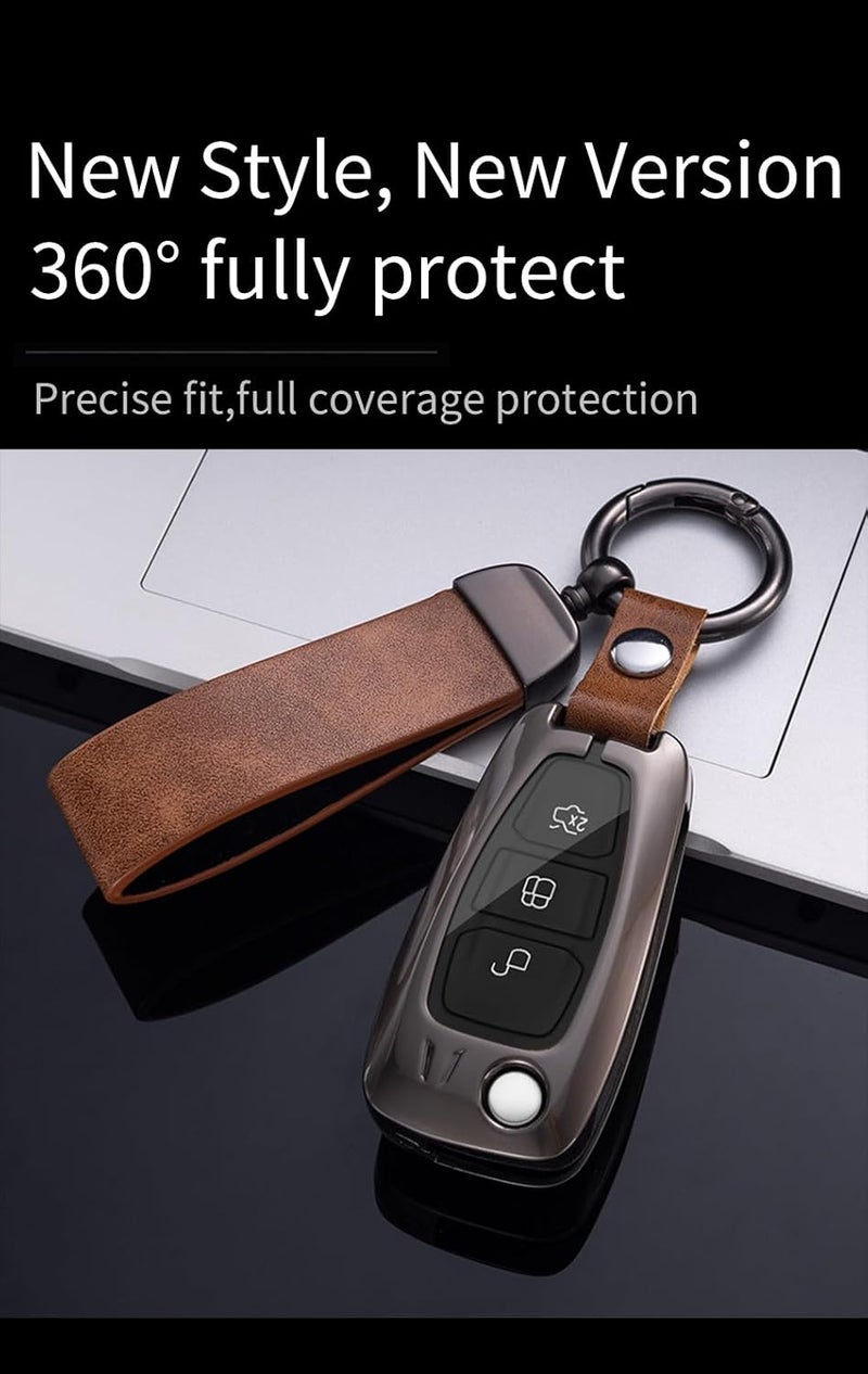 ontto Metal Leather Car Key Fob Cover for Ford Vehicles with Keychain - Image 4