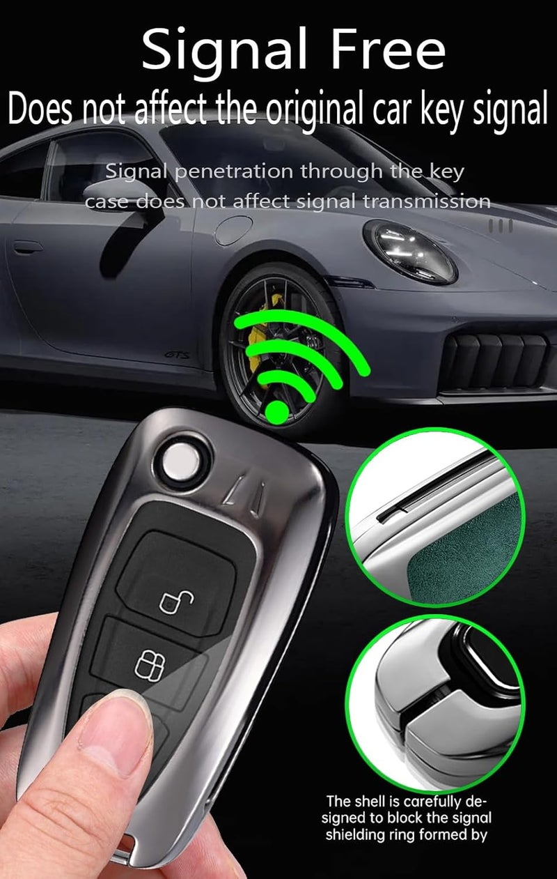 ontto Metal Leather Car Key Fob Cover for Ford Vehicles with Keychain - Image 5