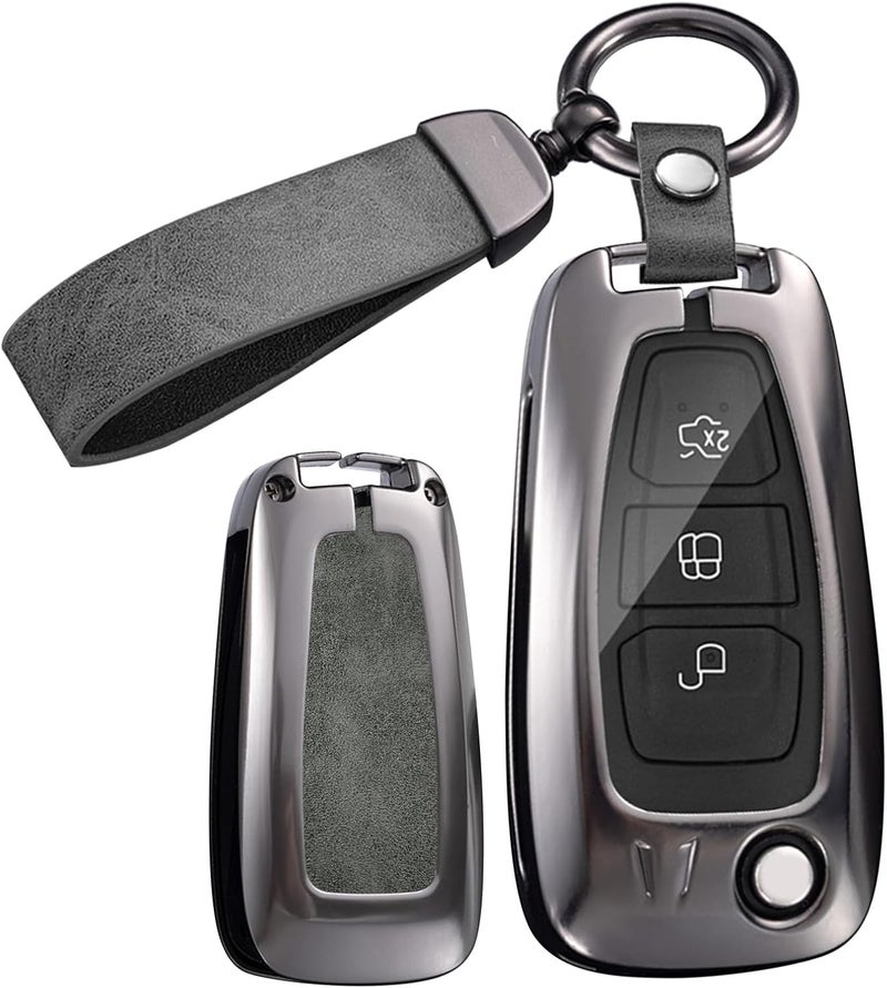 ontto Metal Leather Car Key Fob Cover for Ford Vehicles with Keychain - Image 1