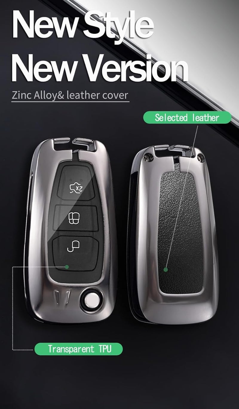 ontto Metal Leather Car Key Fob Cover for Ford Vehicles with Keychain - Image 3