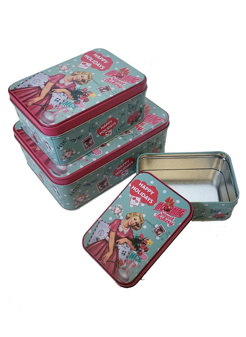 Generic SWEET BAKERY Metal Tins with Lids Pack of 3 having Large, Medium and Small Size boxes kitchen Container Pink Color Happy Holidays Print Designs for gifting, cookies and storage  - Image 1