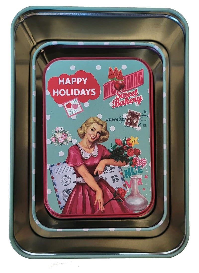 Generic SWEET BAKERY Metal Tins with Lids Pack of 3 having Large, Medium and Small Size boxes kitchen Container Pink Color Happy Holidays Print Designs for gifting, cookies and storage  - Image 3