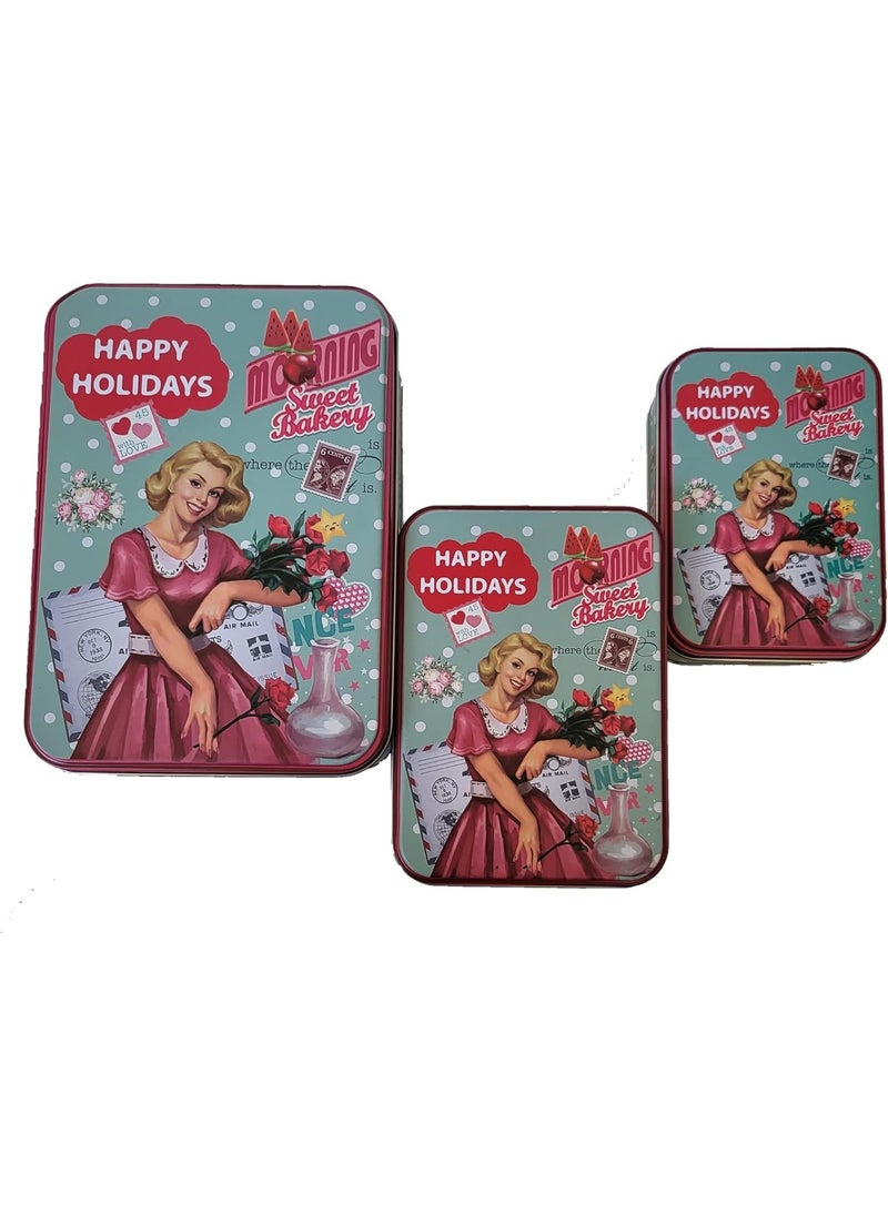 Generic SWEET BAKERY Metal Tins with Lids Pack of 3 having Large, Medium and Small Size boxes kitchen Container Pink Color Happy Holidays Print Designs for gifting, cookies and storage  - Image 2