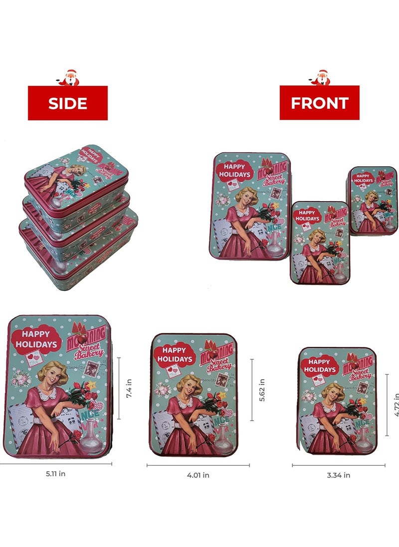 Generic SWEET BAKERY Metal Tins with Lids Pack of 3 having Large, Medium and Small Size boxes kitchen Container Pink Color Happy Holidays Print Designs for gifting, cookies and storage  - Image 5