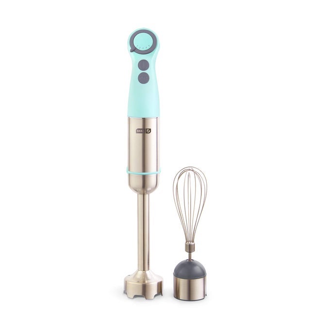 CHEF SERIES IMMERSION HAND BLENDER 5 SPEED STICK BLENDER WITH STAINLESS STEEL BLADES WHISK ATTACHMENT AND RECIPE GUIDE AQUA