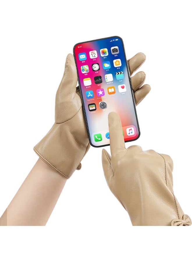 JIUMU Warm Leather Gloves For Women, Autumn And Winter Windproof And Cold-Resistant, Fleece-Lined, For Cycling, Driving, Electric Bicycles, Touchscreen Gloves - Image 3