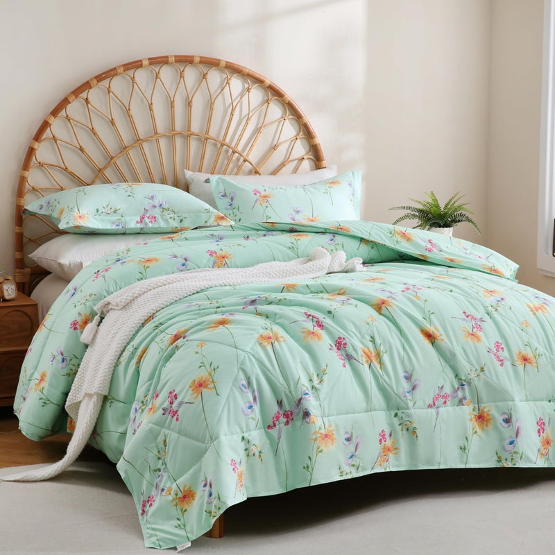 JSD Green Floral Comforter Set Queen Size 3 Piece Printed Microfiber Down Alternative Comforter with Pillow Shams All Season Lightweight