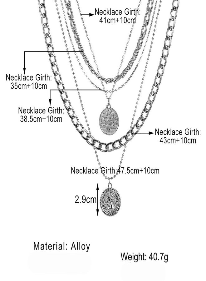 INENIMARTJ Silver Chunky Necklace for Women, Layered Chunky Link Chain Choker Necklaces, Multilayer Punk 80s 90s Jewelry for Women Trendy Retro Coin Pendant Necklace (H Coin S) - Image 3