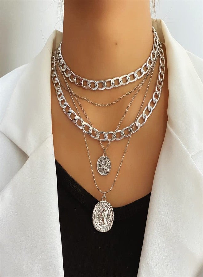 INENIMARTJ Silver Chunky Necklace for Women, Layered Chunky Link Chain Choker Necklaces, Multilayer Punk 80s 90s Jewelry for Women Trendy Retro Coin Pendant Necklace (H Coin S) - Image 2