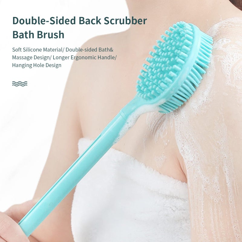 Bath Scrubber: 2-Sided Silicone Shower Massage - Ergonomic Longer Handle, Hanging Hole Design for Dry, Sensitive, Acne Skin & Daily Shower Use - Image 3