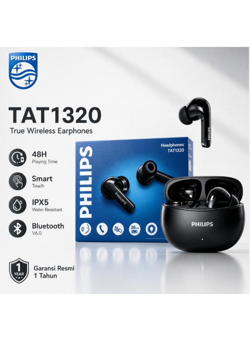 Philips 🎧 Philips TAT1320 True Wireless Bluetooth Earbuds - Perfect for Commuting & Entertainment, Bluetooth 6.0 Stable Connection - Starry Black BLACK - Image 1