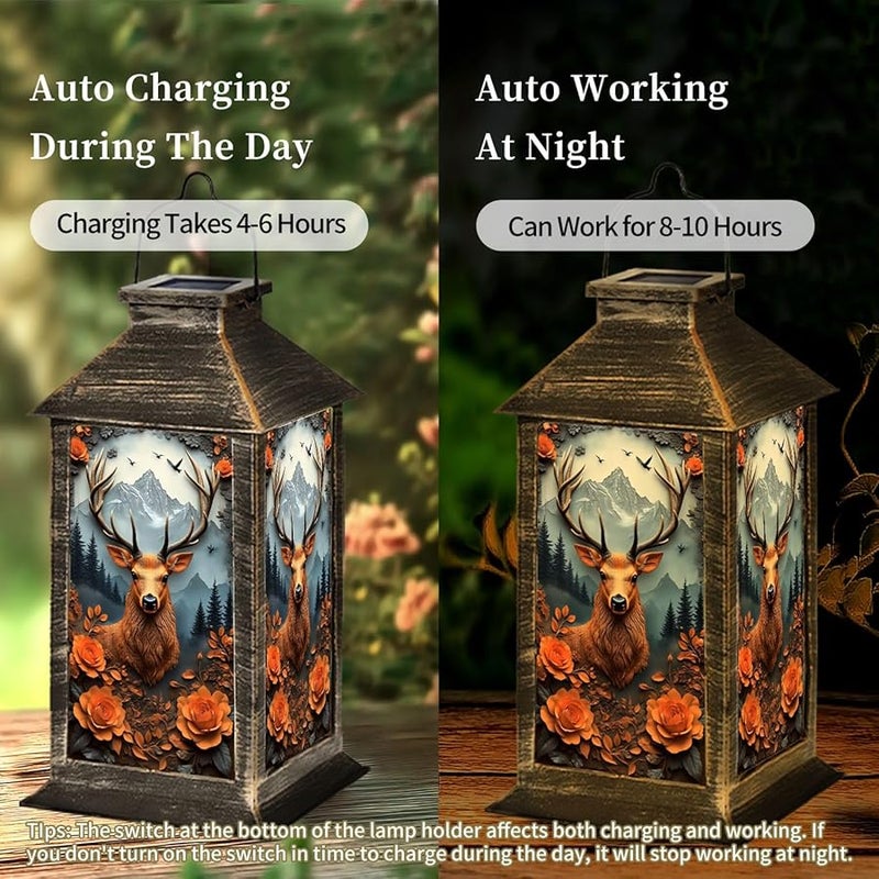 فانوس شمسي مع قرون الأيل والورود البرتقالية منظر طبيعي للجبال مصباح خارجي معلق 13.5 بوصة H - Image 5