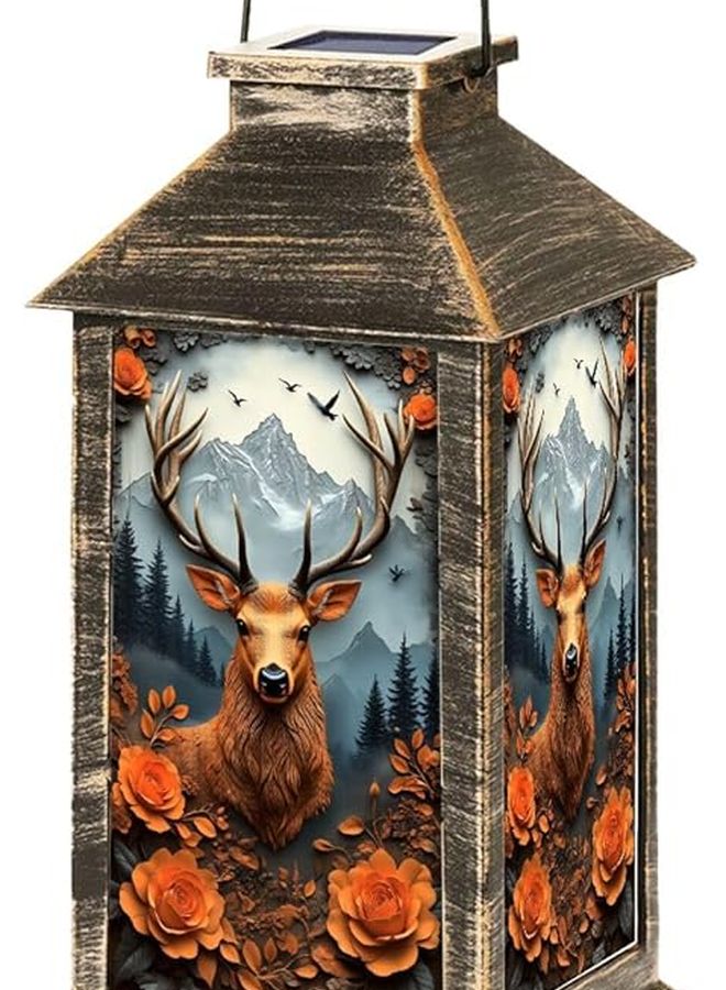 فانوس شمسي مع قرون الأيل والورود البرتقالية منظر طبيعي للجبال مصباح خارجي معلق 13.5 بوصة H - Image 1