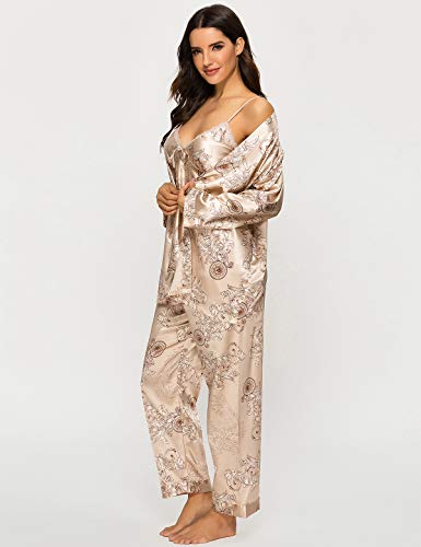 Escalier Women's Silk Satin Pajamas Set 3 Pcs Floral Silky Pj Sets Sleepwear Cami Nightwear with Robe and Pants Camel M - Image 2