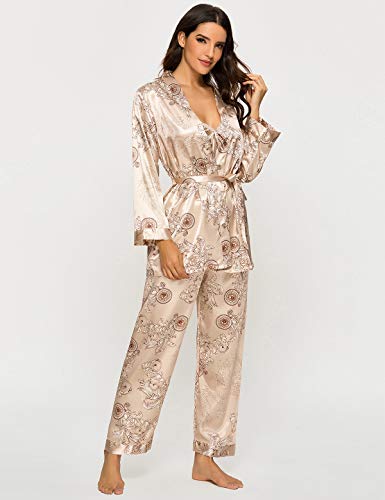 Escalier Women's Silk Satin Pajamas Set 3 Pcs Floral Silky Pj Sets Sleepwear Cami Nightwear with Robe and Pants Camel M - Image 3