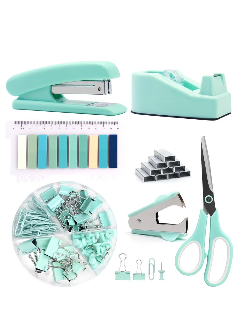 YelaJoy Office Supplies,Desk Accessories,Stapler and Tape Dispenser Set for Women with Stapler,Tape Dispenser,Staple Remover, Staples, Clips, Scissor and Tabs for Students, Office Clerks(Green)  - Image 1