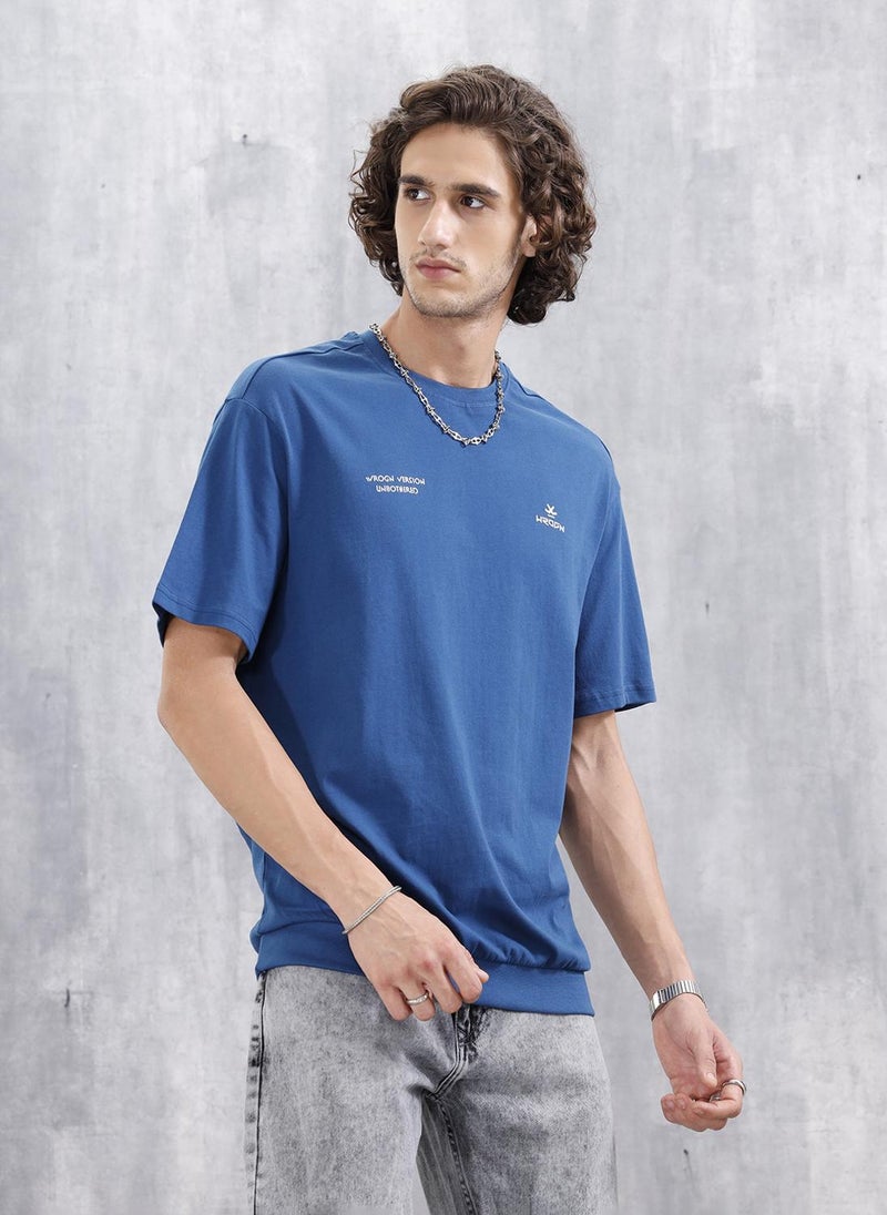 Wrogn Oversized Crew Neck T-Shirt With Hd Print | Blue - Image 1