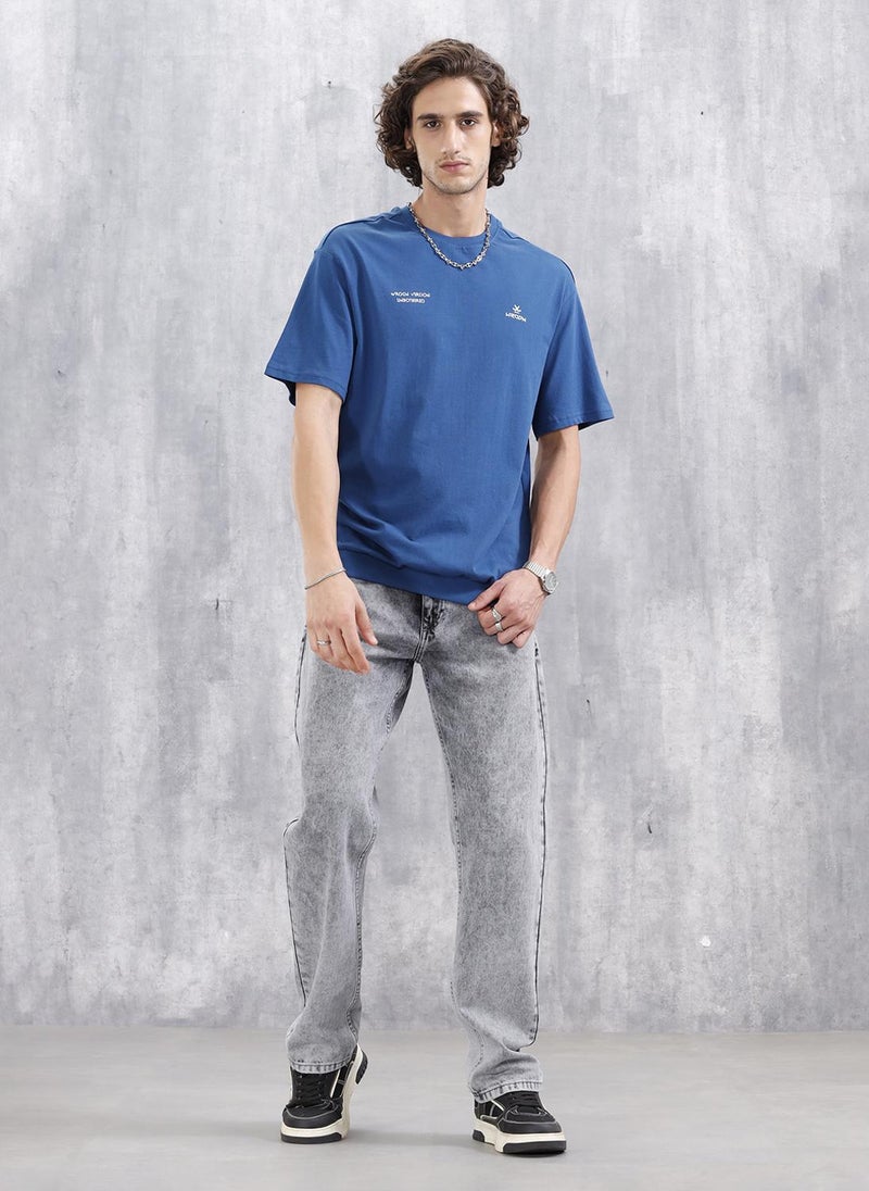Wrogn Oversized Crew Neck T-Shirt With Hd Print | Blue - Image 2